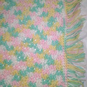 Hand Crocheted Knitted Baby Blanket Pink Green Yellow White Pastel 52" x 34"